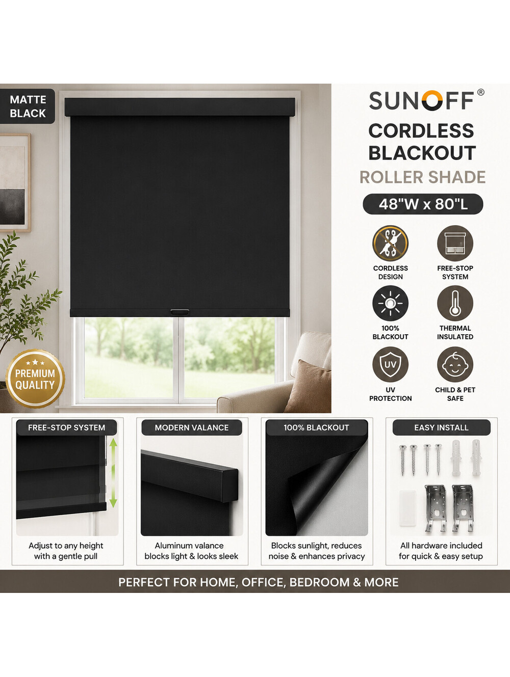 SUNOFF Cordless Blackout Roller Shade Blind 48" W x 80" L – Matte Black